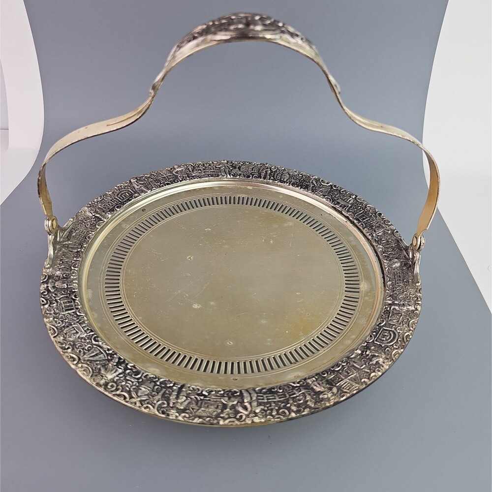 Vintage Nickel Silver Bride's Basket D F 5132 Asian Scenic Pierced Serving Tray